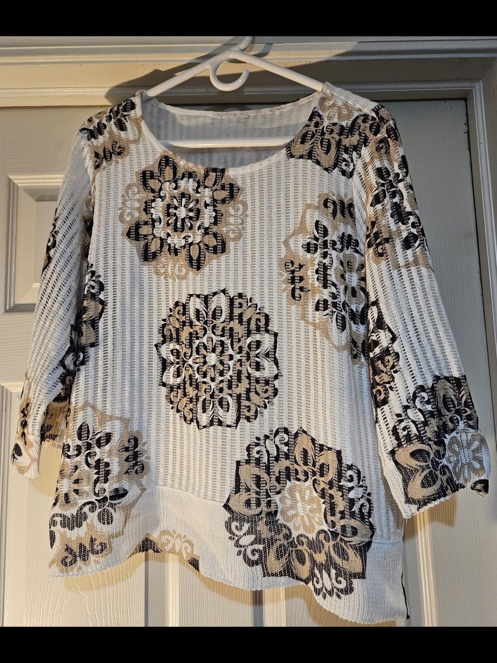 Women's Floral Medallion Knit Top - Cream with Black & Tan Accents Alfred Dunner